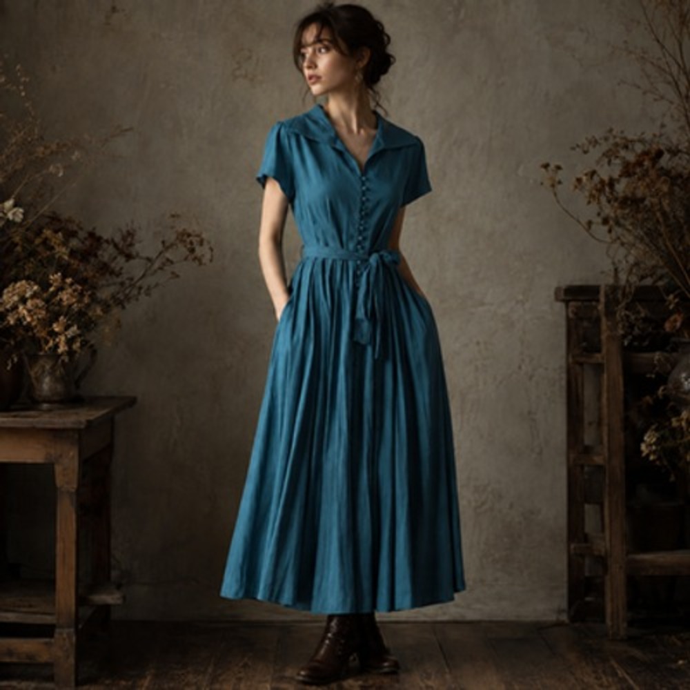 April Cornell Shirt Dress Womens XXS Blue Collared Belted Fit Flare Maxi Rayon